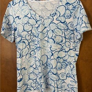 Talbots Blue and White Seashell Print Short Sleeve Top
